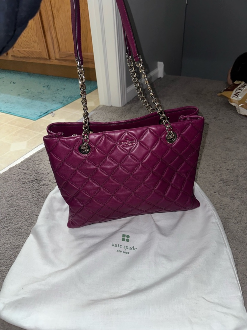 kate spade Quilted Leather Shoulder Tote in Plum Berry